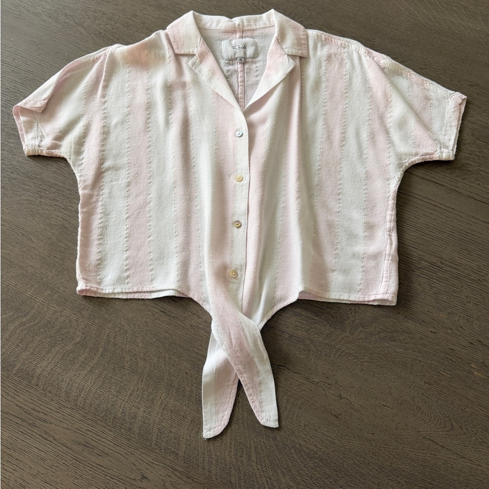 Women Rails Pink and White Striped Linen Blend Front tie blouse size XS